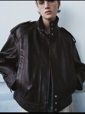 Zara Dark Brown Leather Bomber Jacket